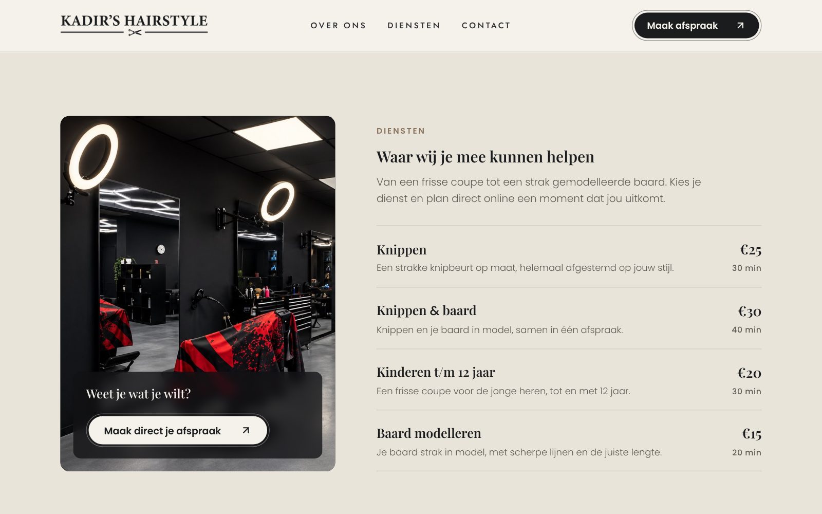 Dienstenoverzicht met prijzen op kadirshairstyle.nl